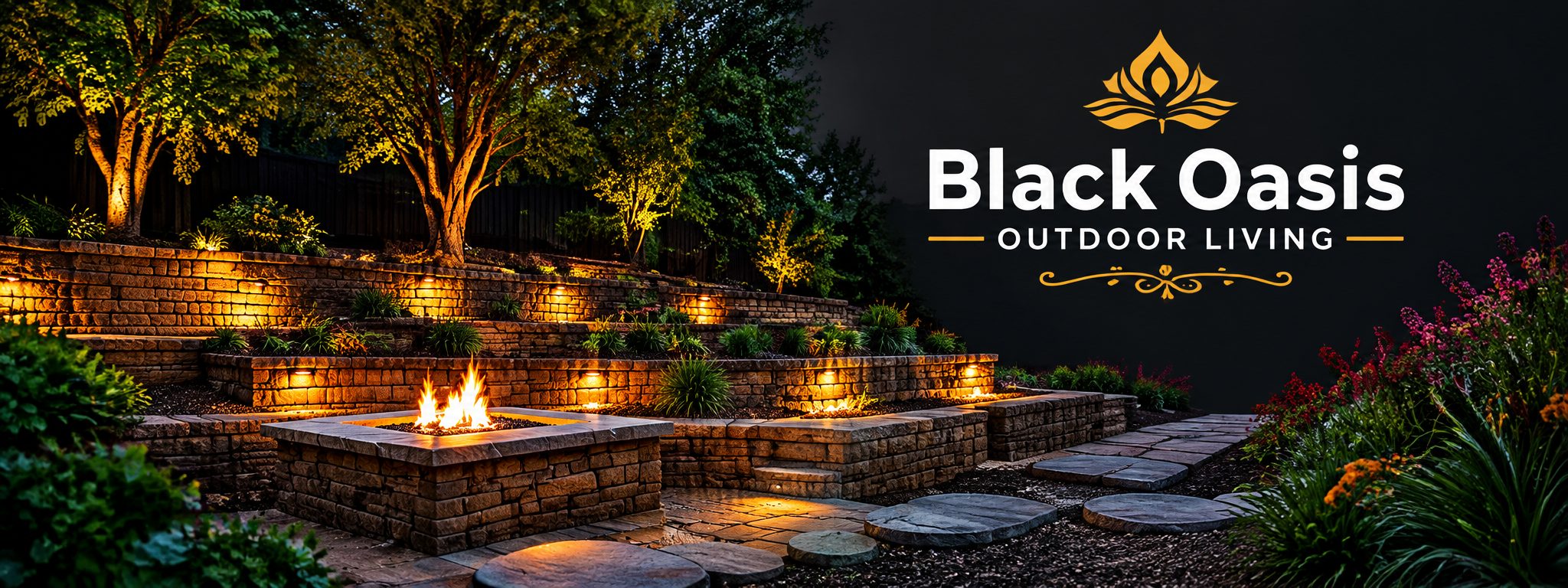 Terraced stone retaining walls with built-in lighting and a glowing fire pit at night